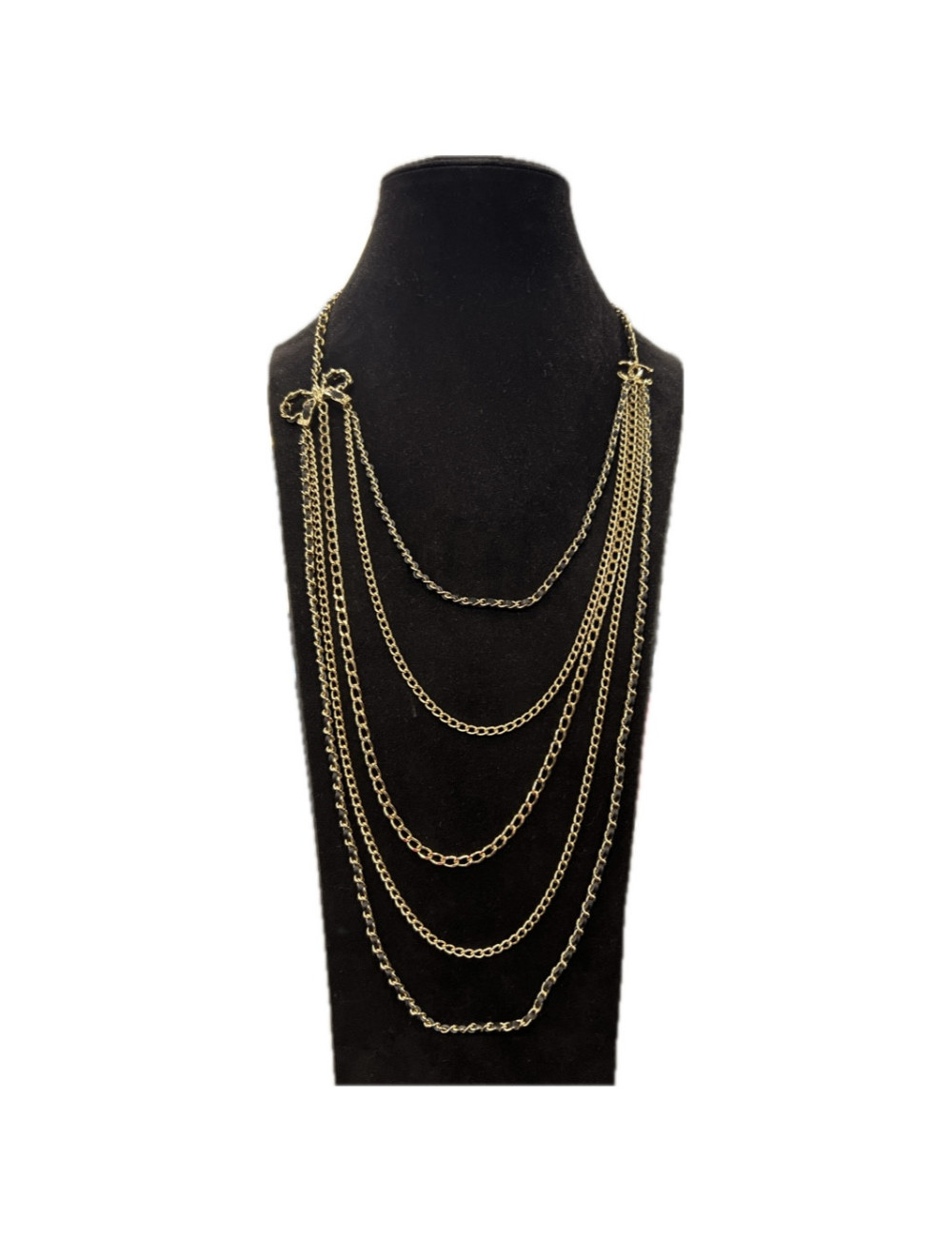 Sautoir CHANEL multichaines entrelacées de cuir noir