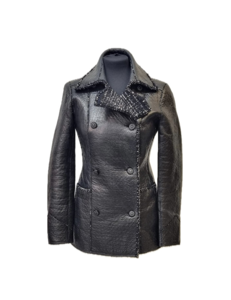 Veste T 38 CHANEL cuir d'agneau noir tweed gris