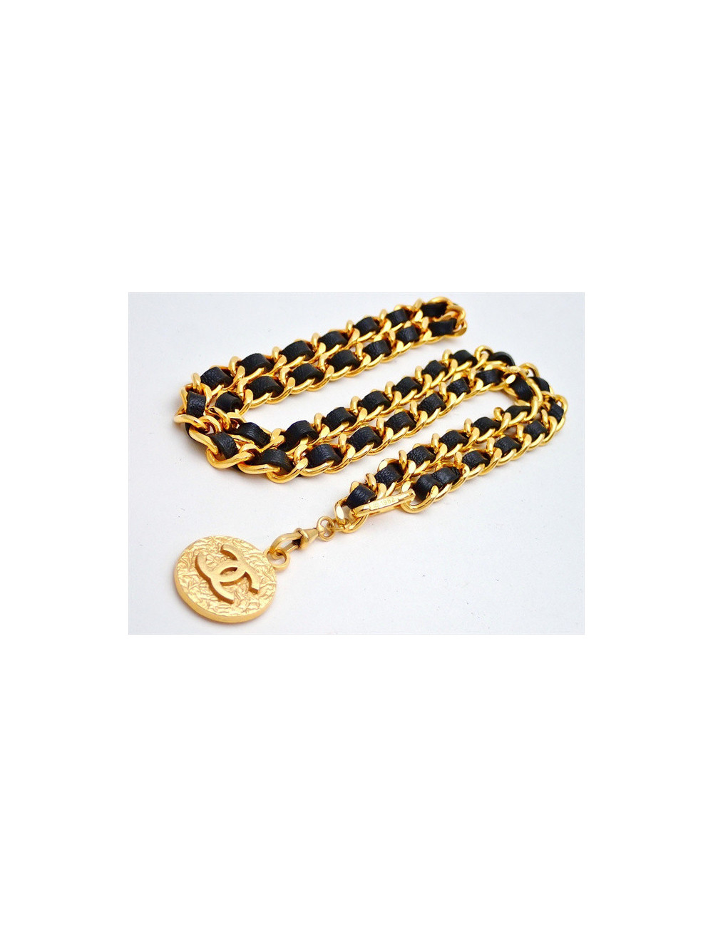 Ceinture CHANEL chaine et cuir noir
