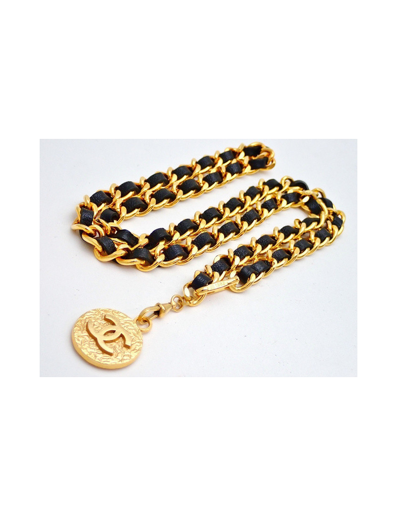 Ceinture CHANEL chaine et cuir noir