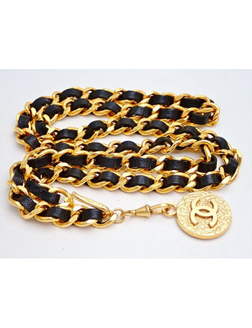 Ceinture CHANEL chaine et cuir noir