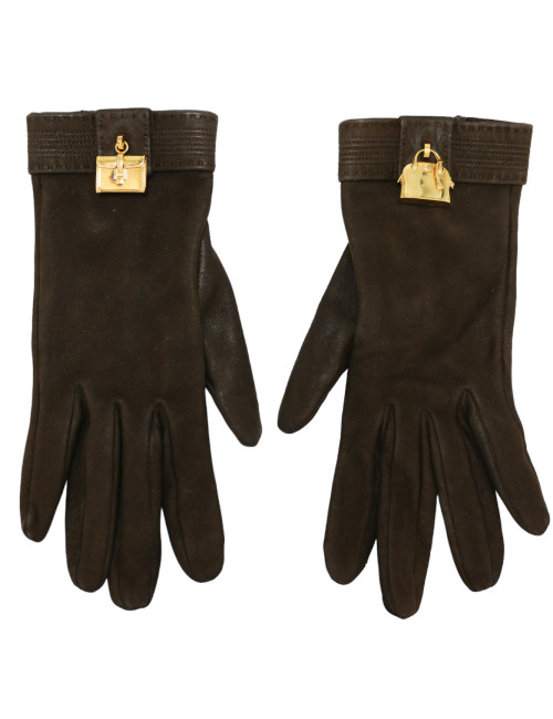 Gants HERMES daim marron bijoux dorés