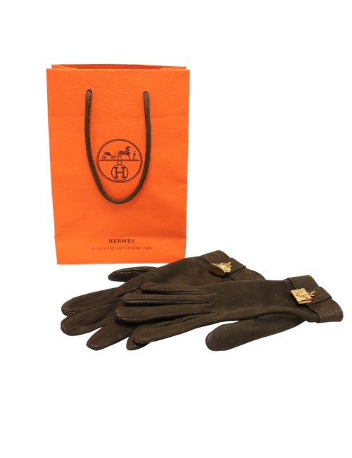 Gants HERMES daim marron bijoux dorés