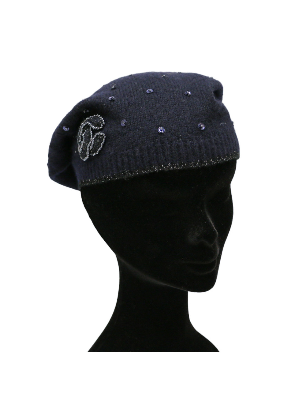 Bonnet CHANEL cachemire bleu nuit sequins broderies CC