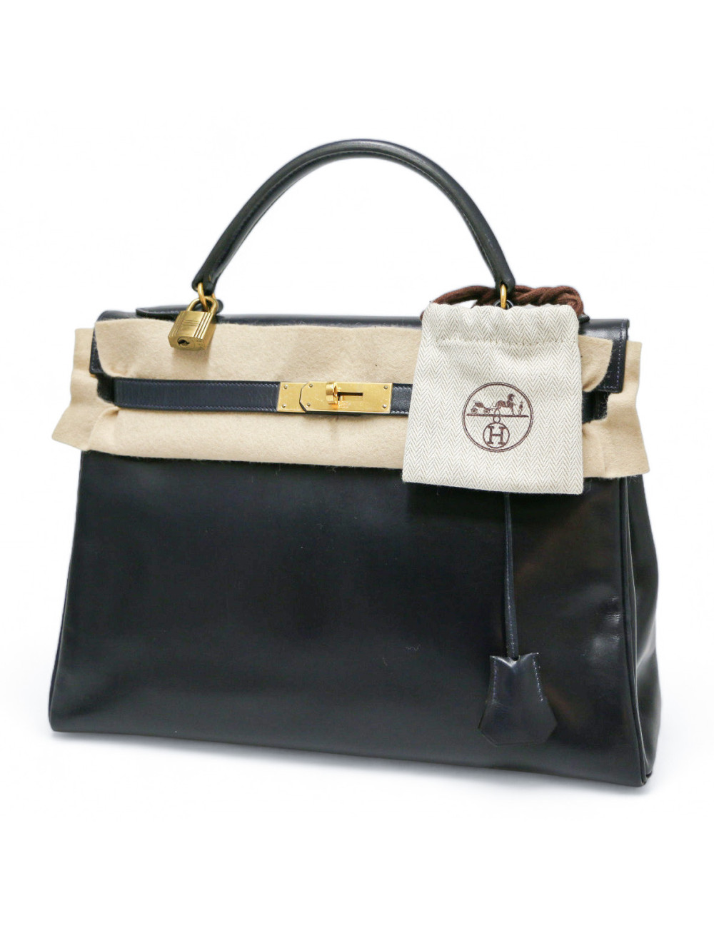 Kelly 32 retourné HERMES cuir de veau Box bleu