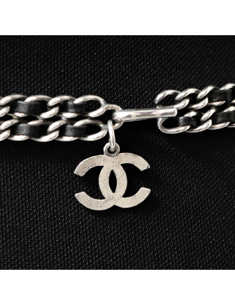 CHANEL silver chain interwoven with black leather belt