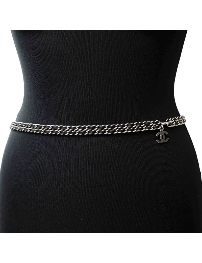 CHANEL silver chain interwoven with black leather belt