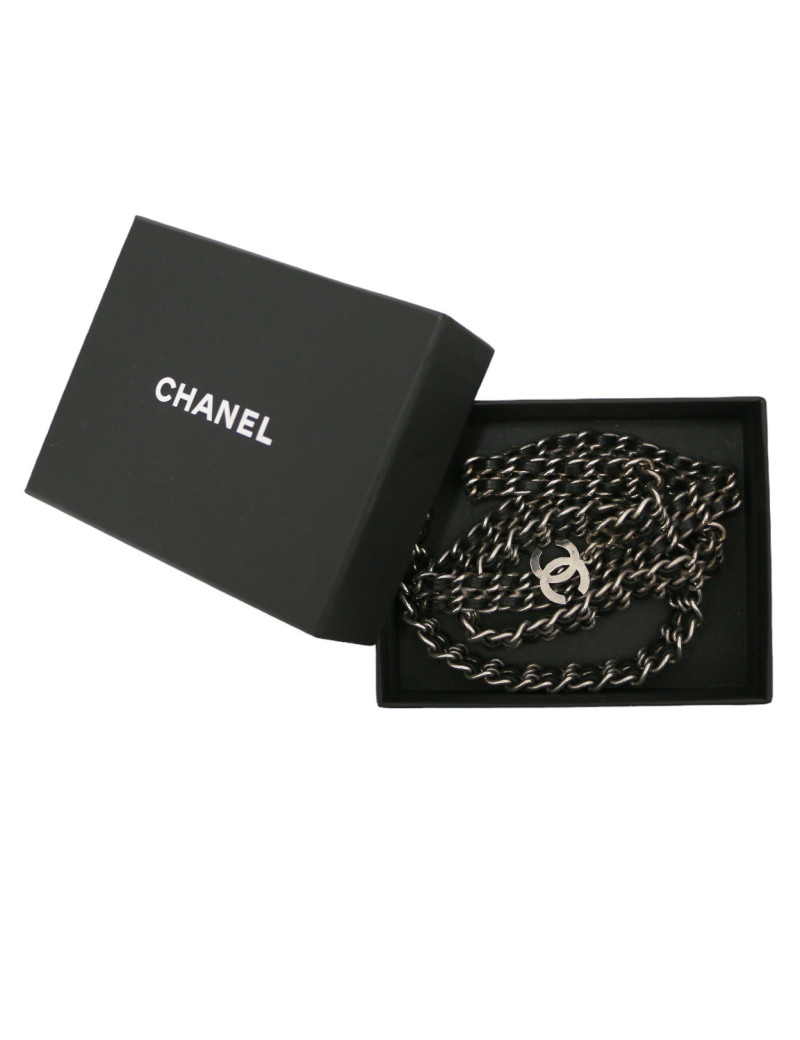 CHANEL silver chain interwoven with black leather belt
