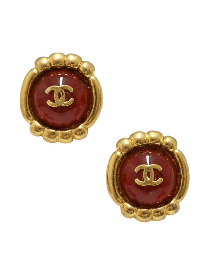Clips vintage ronds CHANEL pate de verre rubis