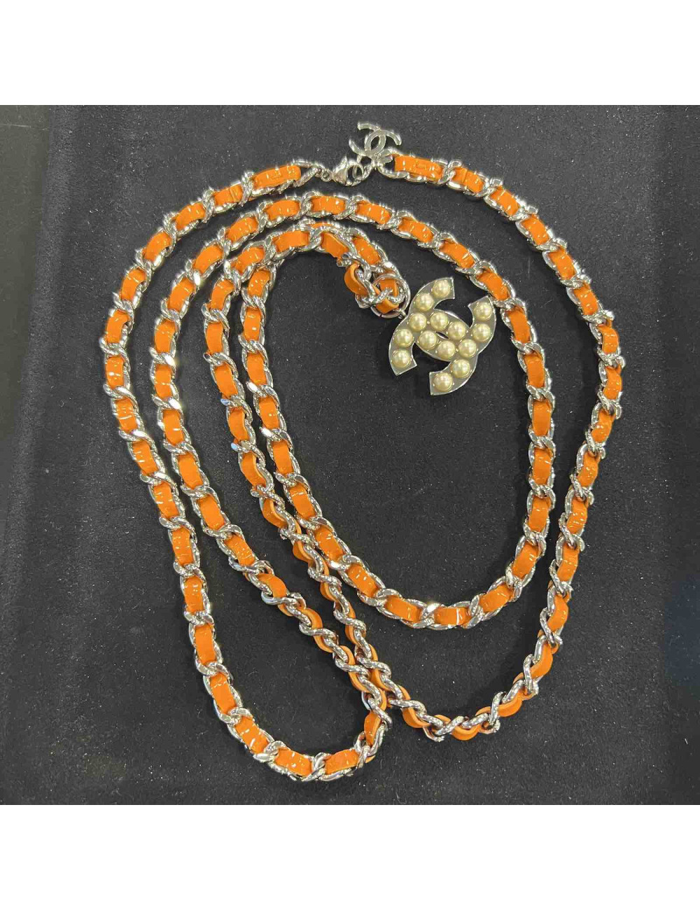 Ceinture CHANEL chaine entrelacé cuir orange