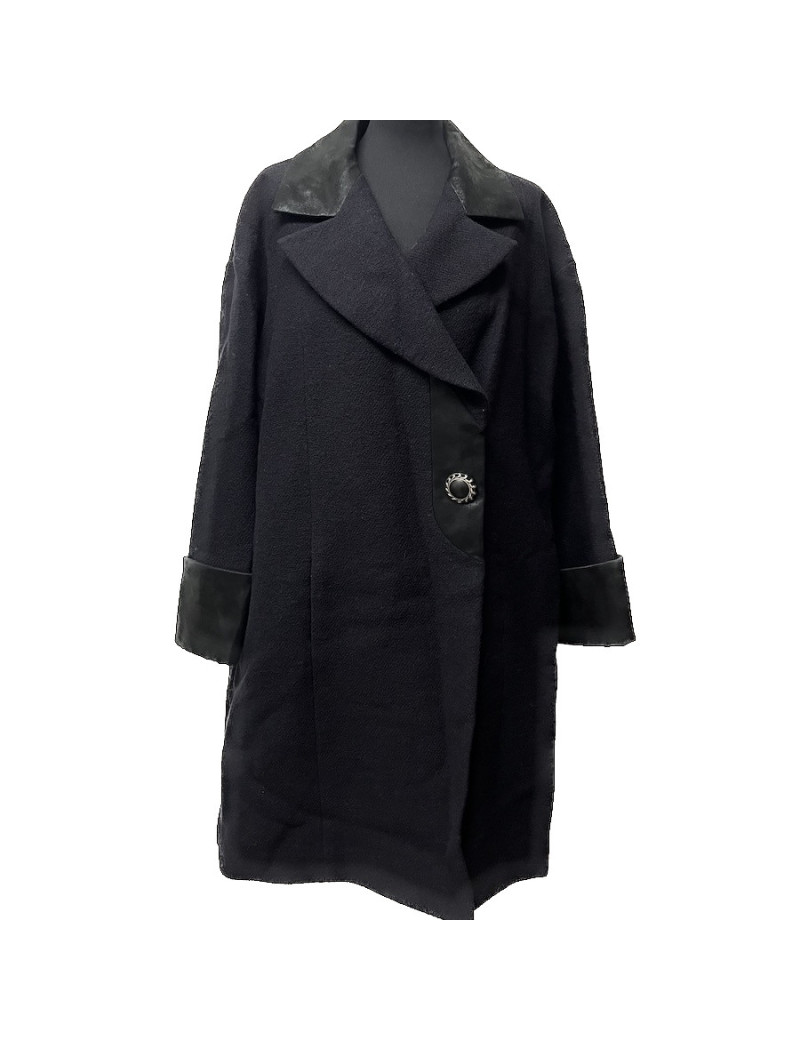 Manteau T 50 CHANEL noir laine cuir d'agneau