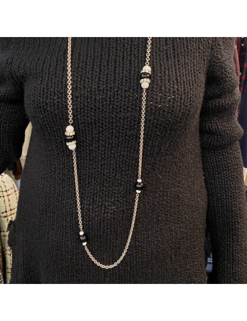 Sautoir MARGUERITE DE VALOIS chaîne argentée, pâte de verre noire et blanche et cristaux svarowski transparents