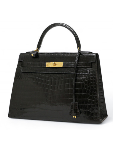 Kelly 32 HERMES Porosus noir Vintage