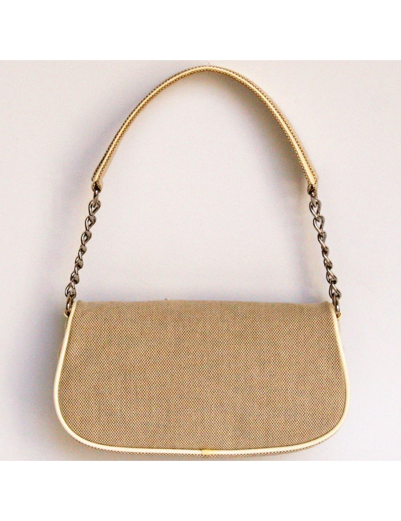 Mini sac CHANEL en toile beige et camélia verni