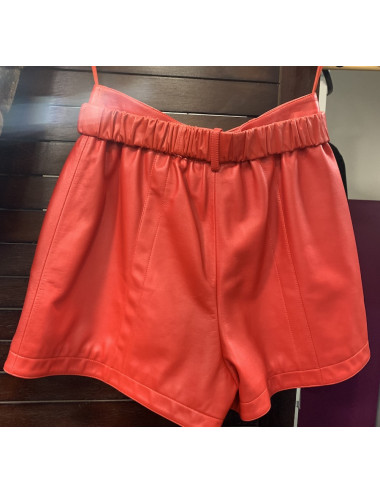 Short T38 CHANEL cuir rouge ceinture broche  2