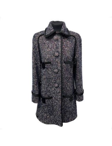 Manteau CHANEL cachemire bleu gansé de soie 2