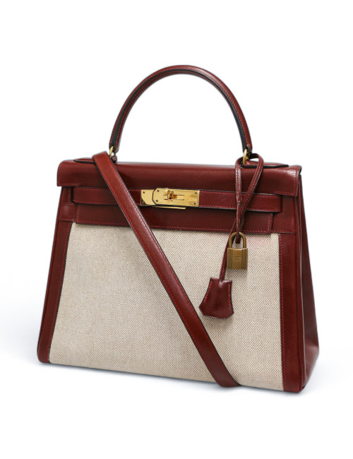 Kelly 28 toile et cuir HERMES rouge h