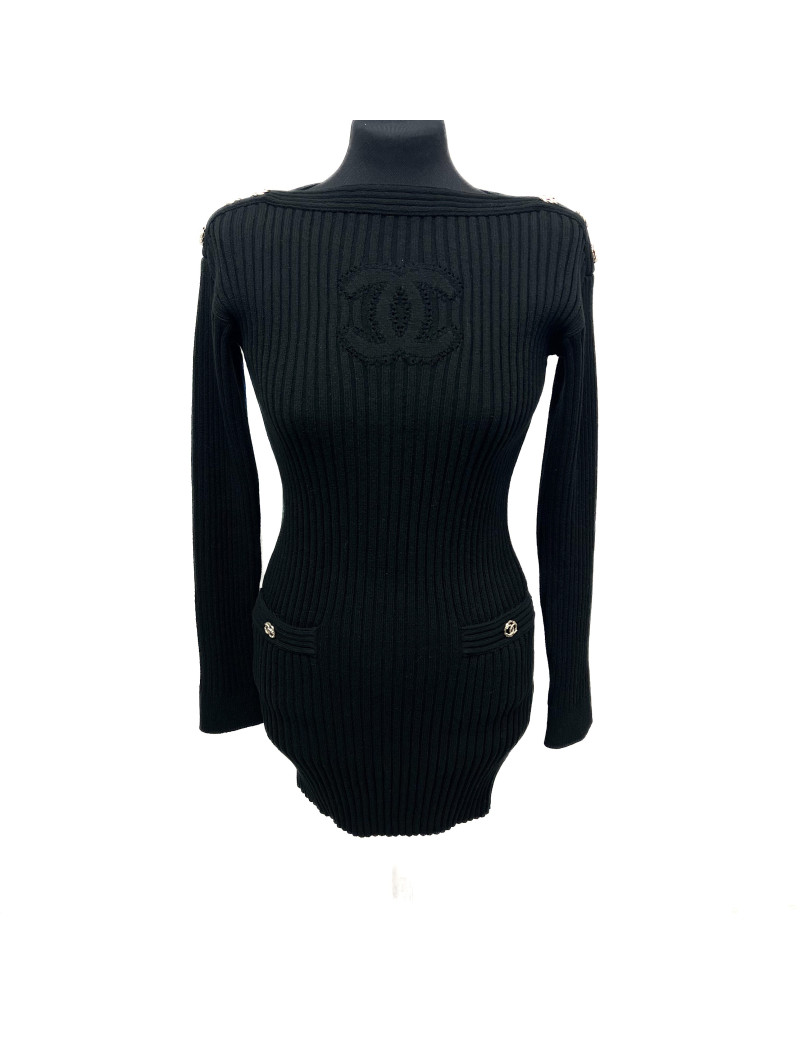 Robe CHANEL T 34 noire stretch boutons CC dorés