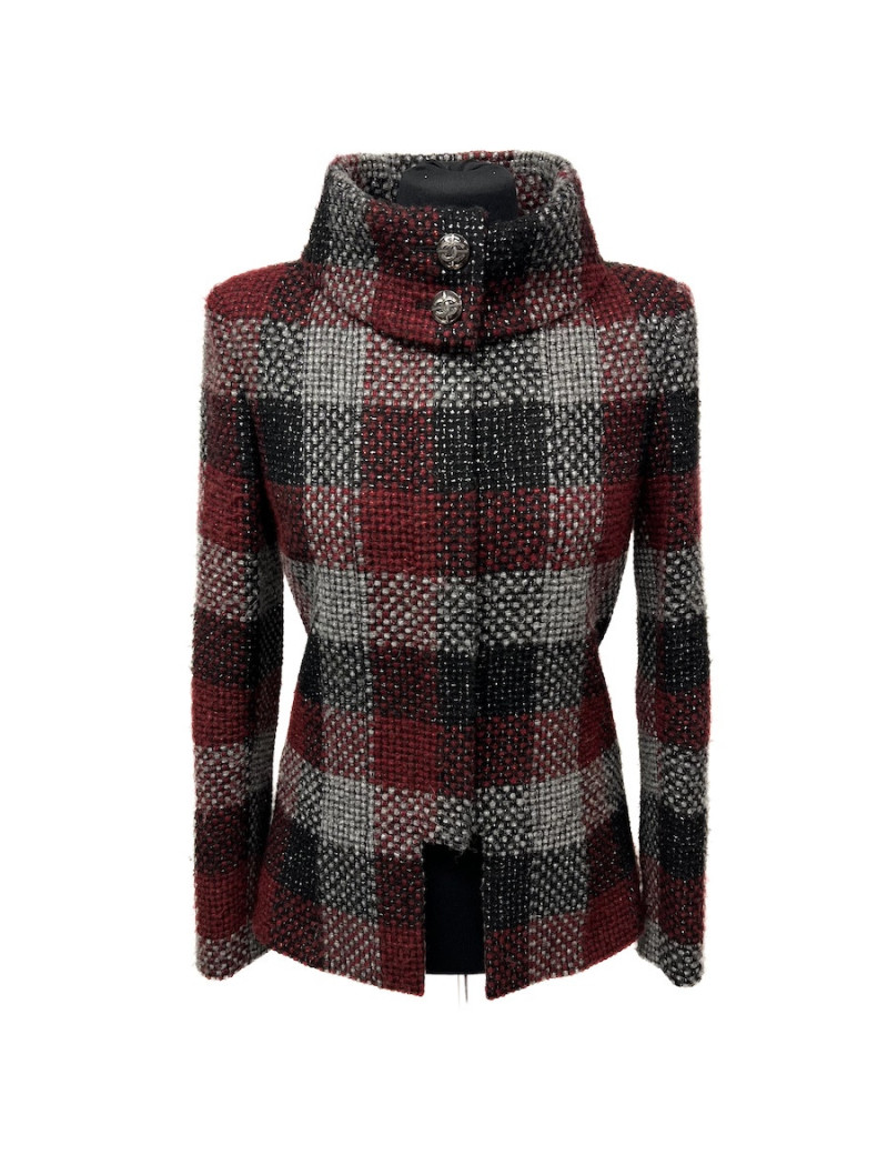 CHANEL jacket in red, silver and black check tweed size 38FR