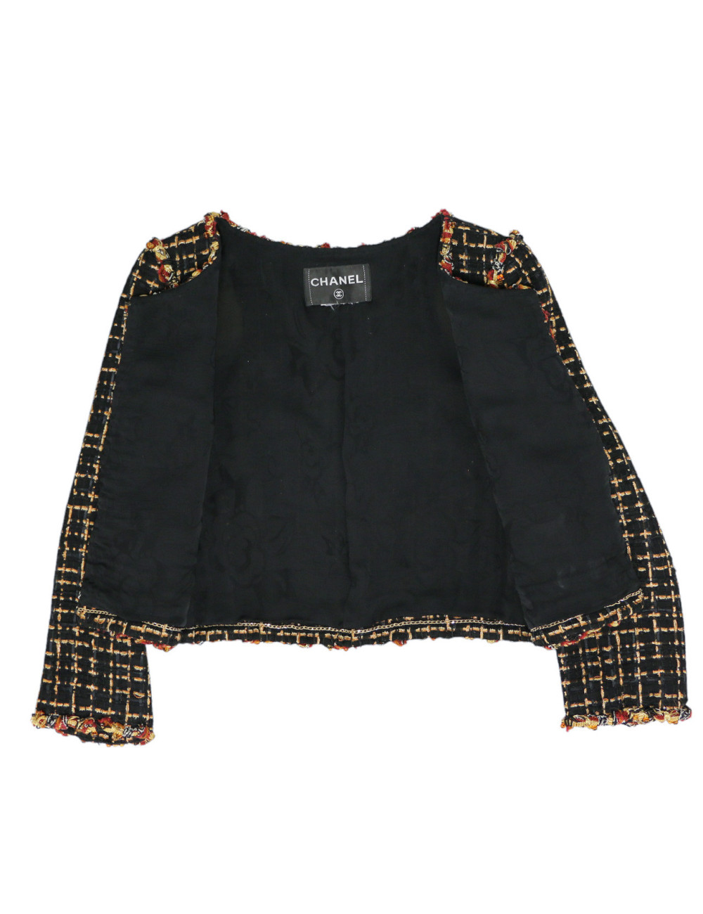 Veste courte tweed noir et ambre CHANEL t36