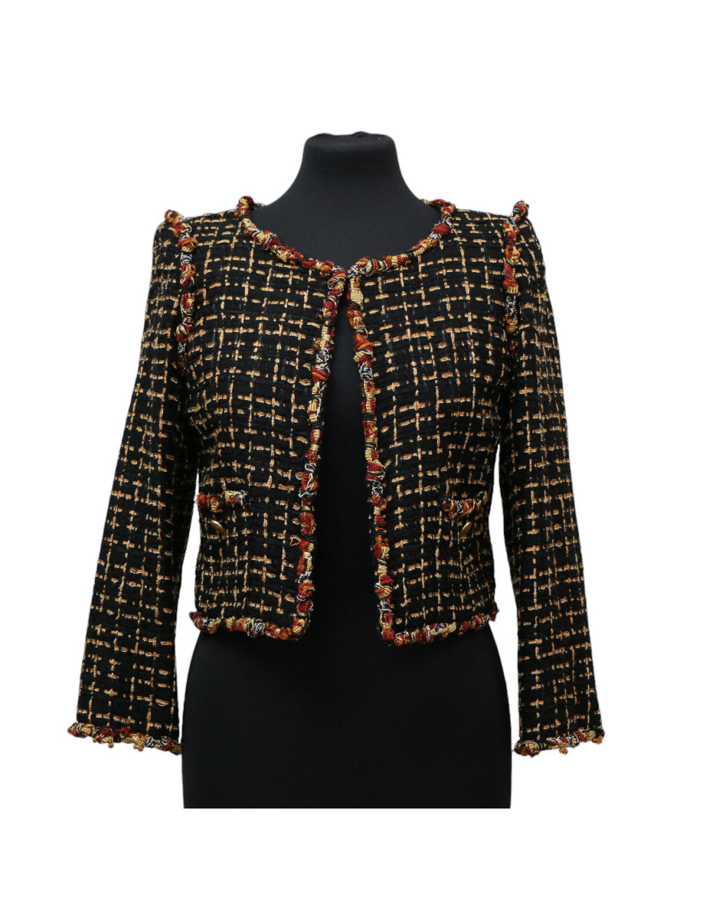 Veste courte tweed noir et ambre CHANEL t36