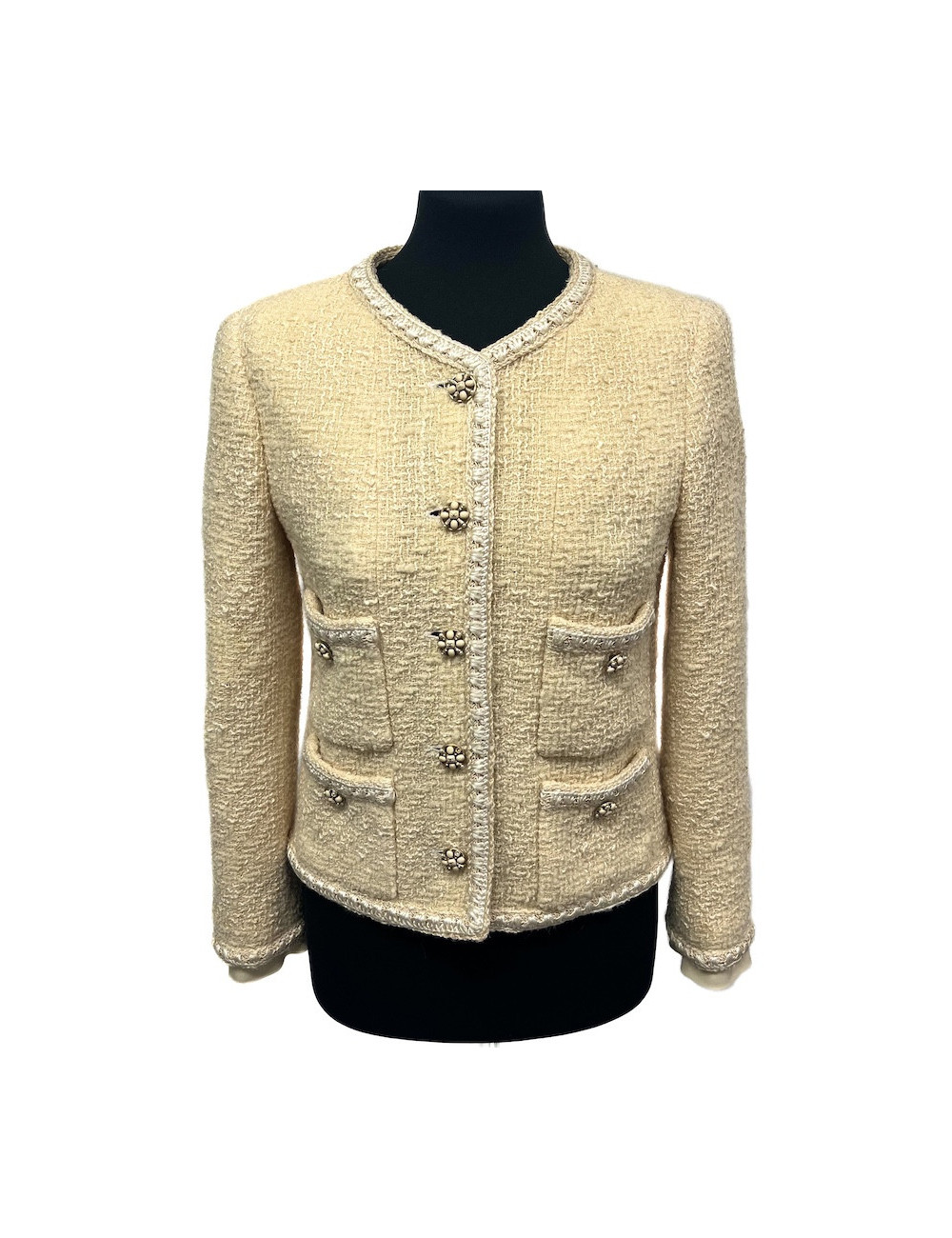 Veste CHANEL T 40 tweed écru fils d'or
