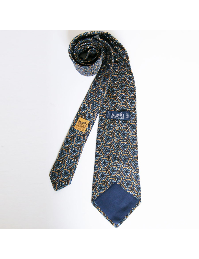 Cravate HERMES en soie bleu motifs losanges