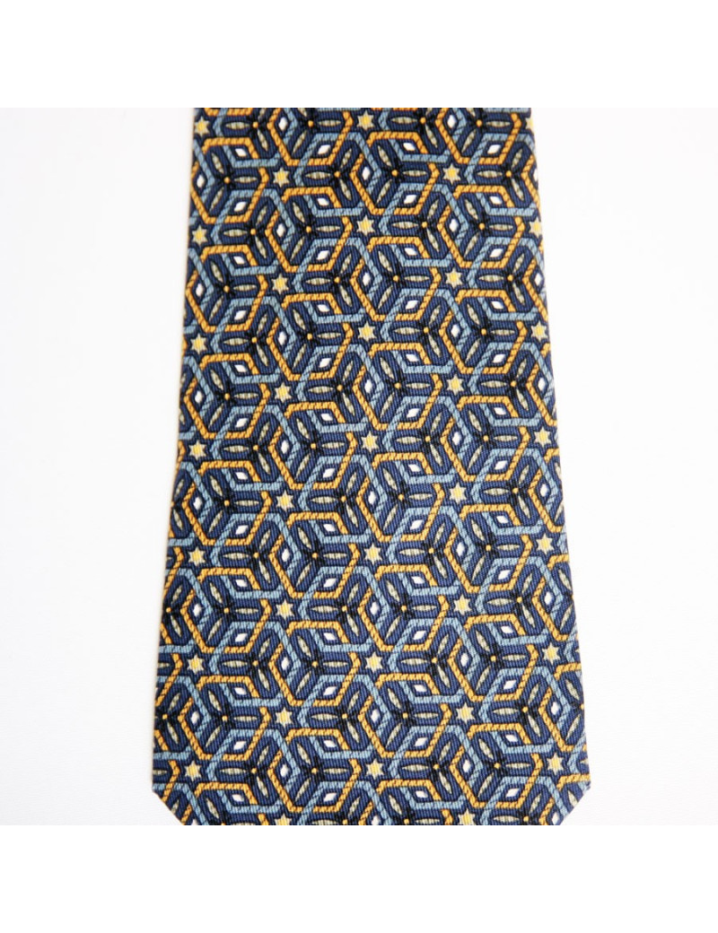 Cravate HERMES en soie bleu motifs losanges