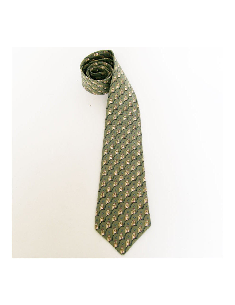 Cravate HERMES en soie verte motifs hibou