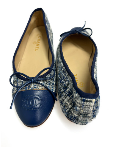 Ballerines Chanel tweed cuir bleu blanc fils d'or occasion certifiée