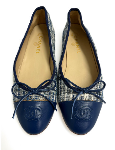 Ballerines Chanel tweed cuir bleu blanc fils d'or occasion certifiée 2