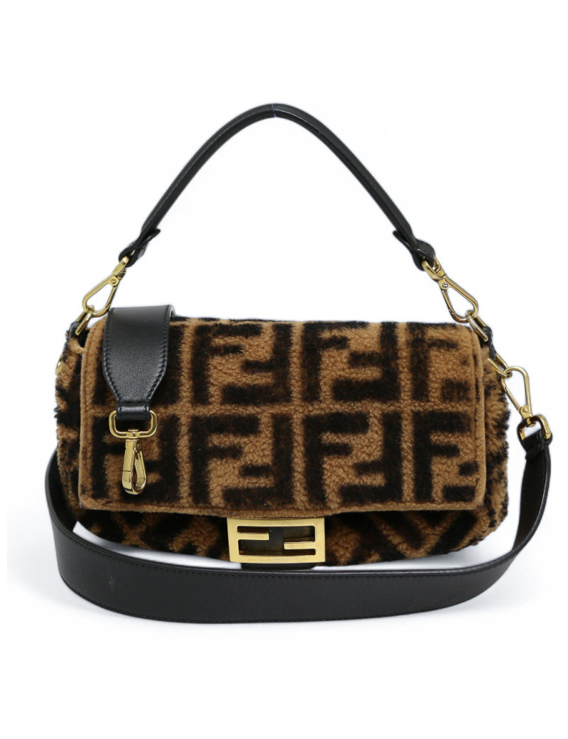 Sac baguette FENDI mouton imprimé FF marron noir