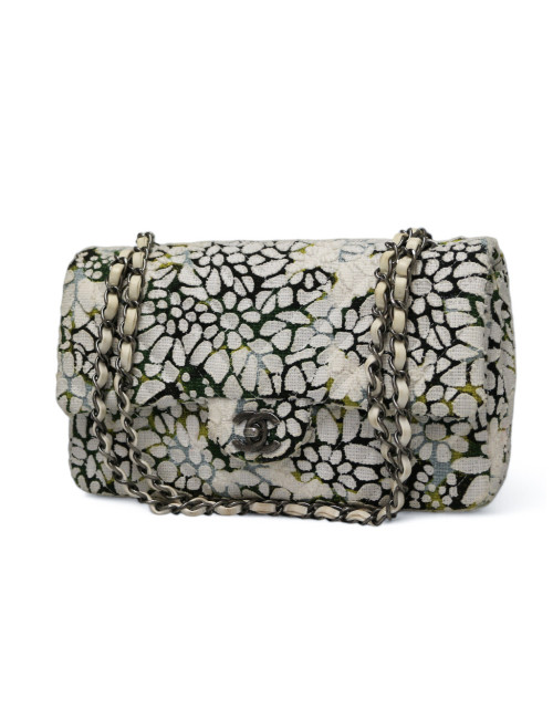 Sac classique chevron CHANEL tweed floral double rabat