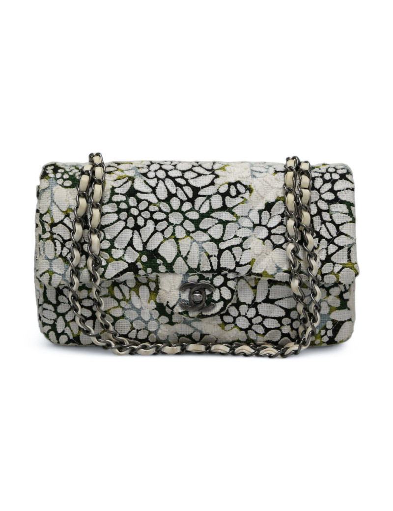 Sac classique chevron CHANEL tweed floral double rabat