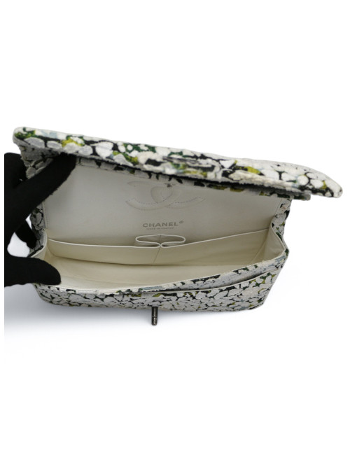 Sac classique chevron CHANEL tweed floral double rabat