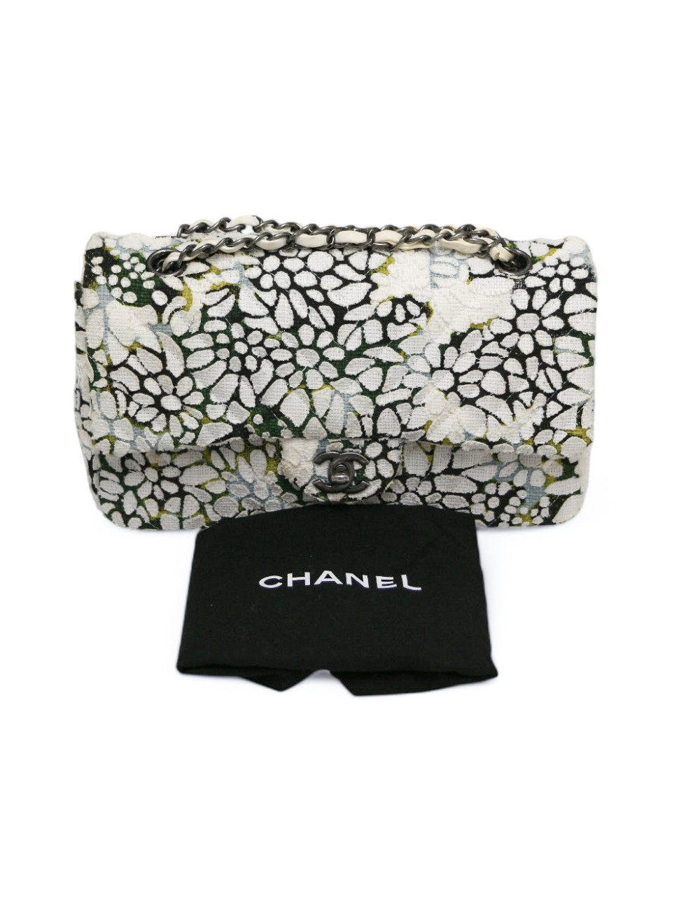 Sac classique chevron CHANEL tweed floral double rabat