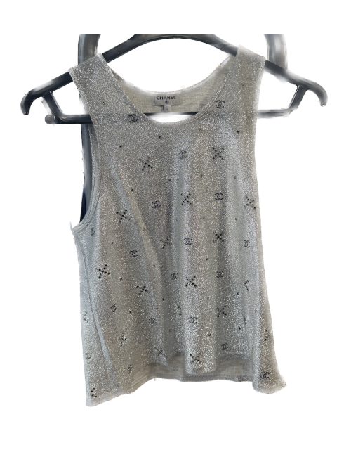 Débardeur CHANEL irisé argent cristaux Swarovski