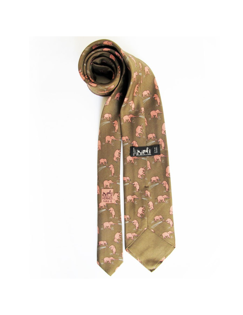 Elephants reasons Brown silk HERMES tie