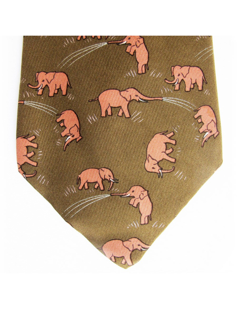 Cravate HERMES en soie marron motifs éléphants