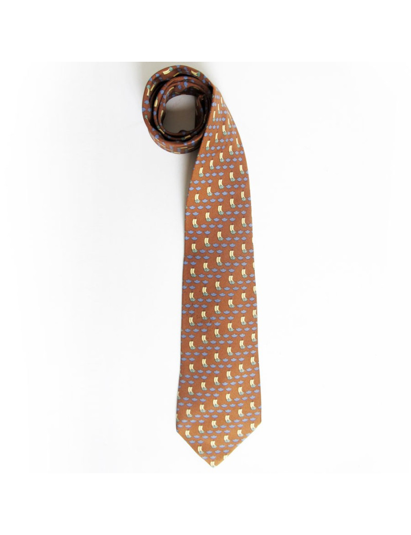 Cravate HERMES en soie marron motifs voile