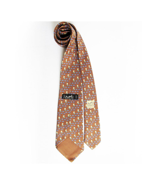 Cravate HERMES en soie marron motifs voile