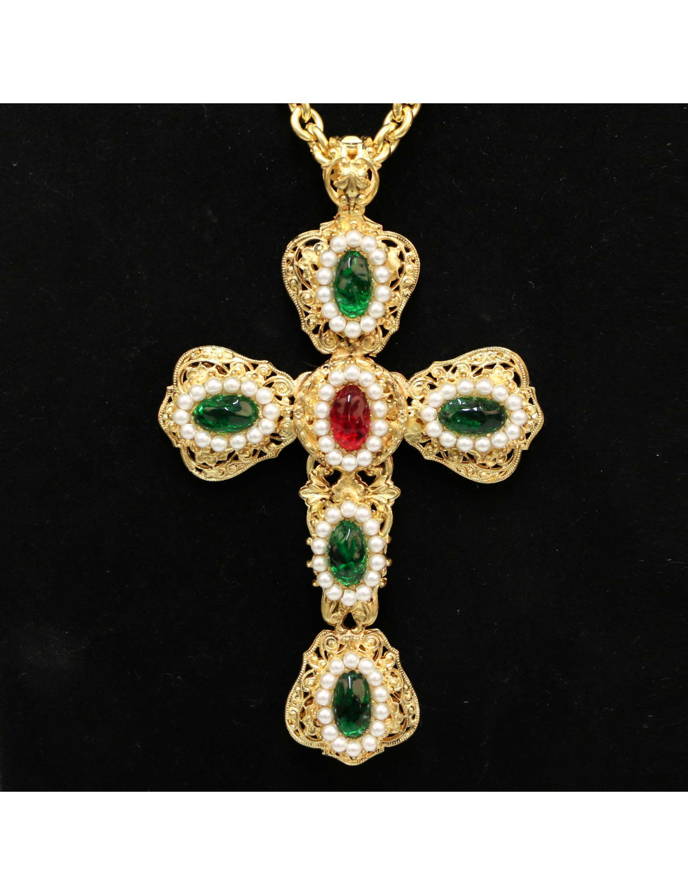 Longue croix MARGUERITE DE VALOIS pate de verre perles