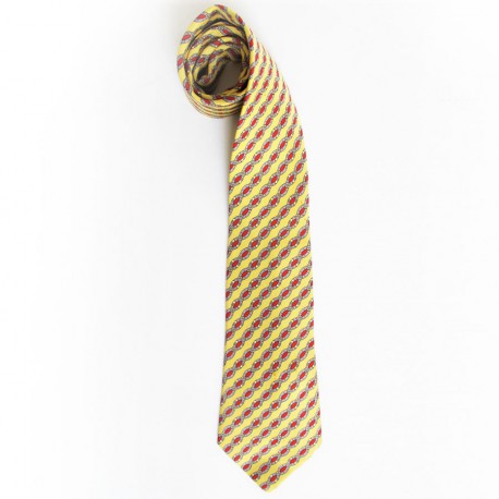 Cravate HERMES en soie jaune motifs ceintures