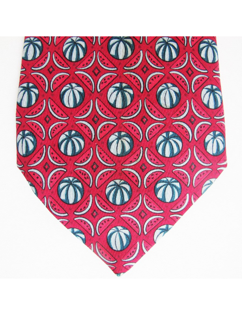 Cravate HERMES en soie rouge motifs pastèques