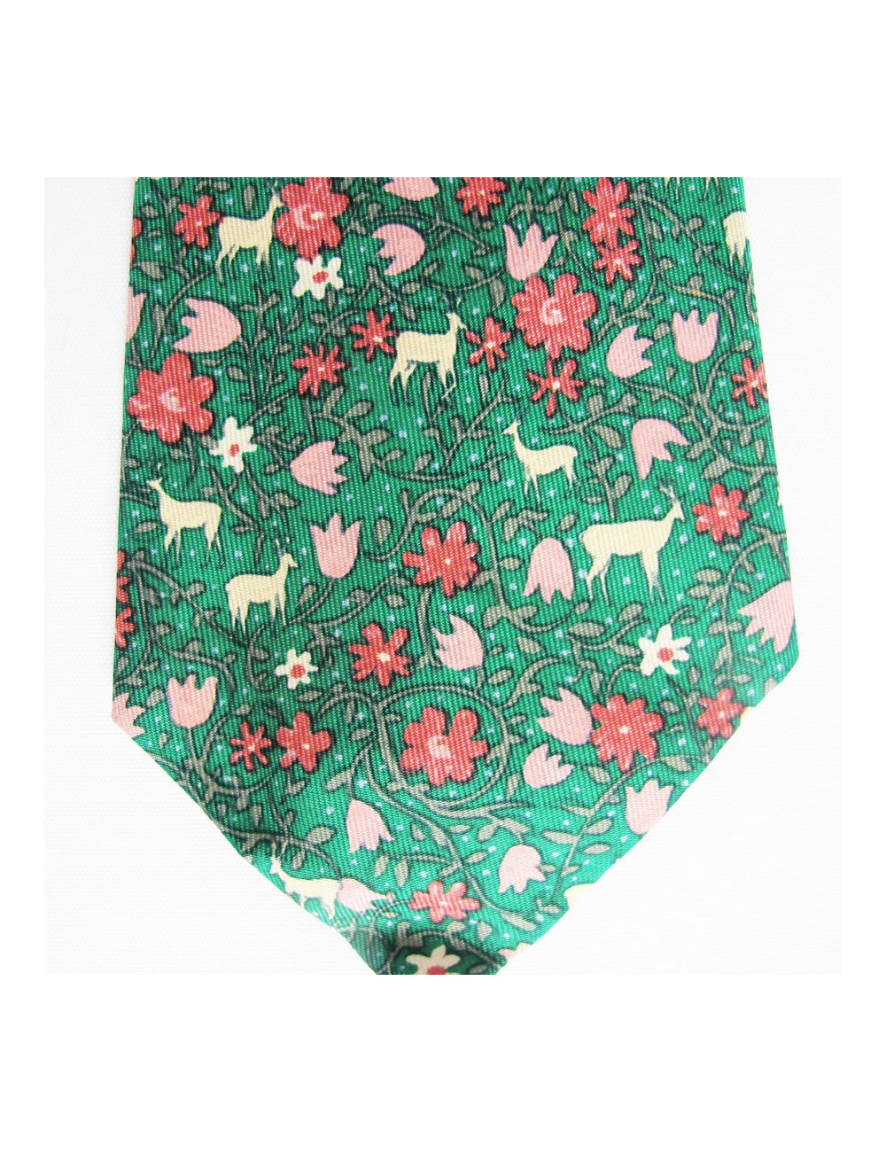 Cravate HERMES en soie verte motifs fleurs et cerfs