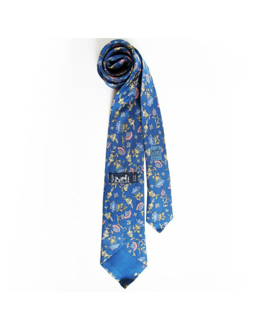 Cravate HERMES en soie bleu motifs floraux