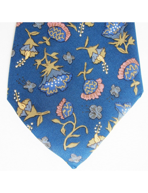 Cravate HERMES en soie bleu motifs floraux