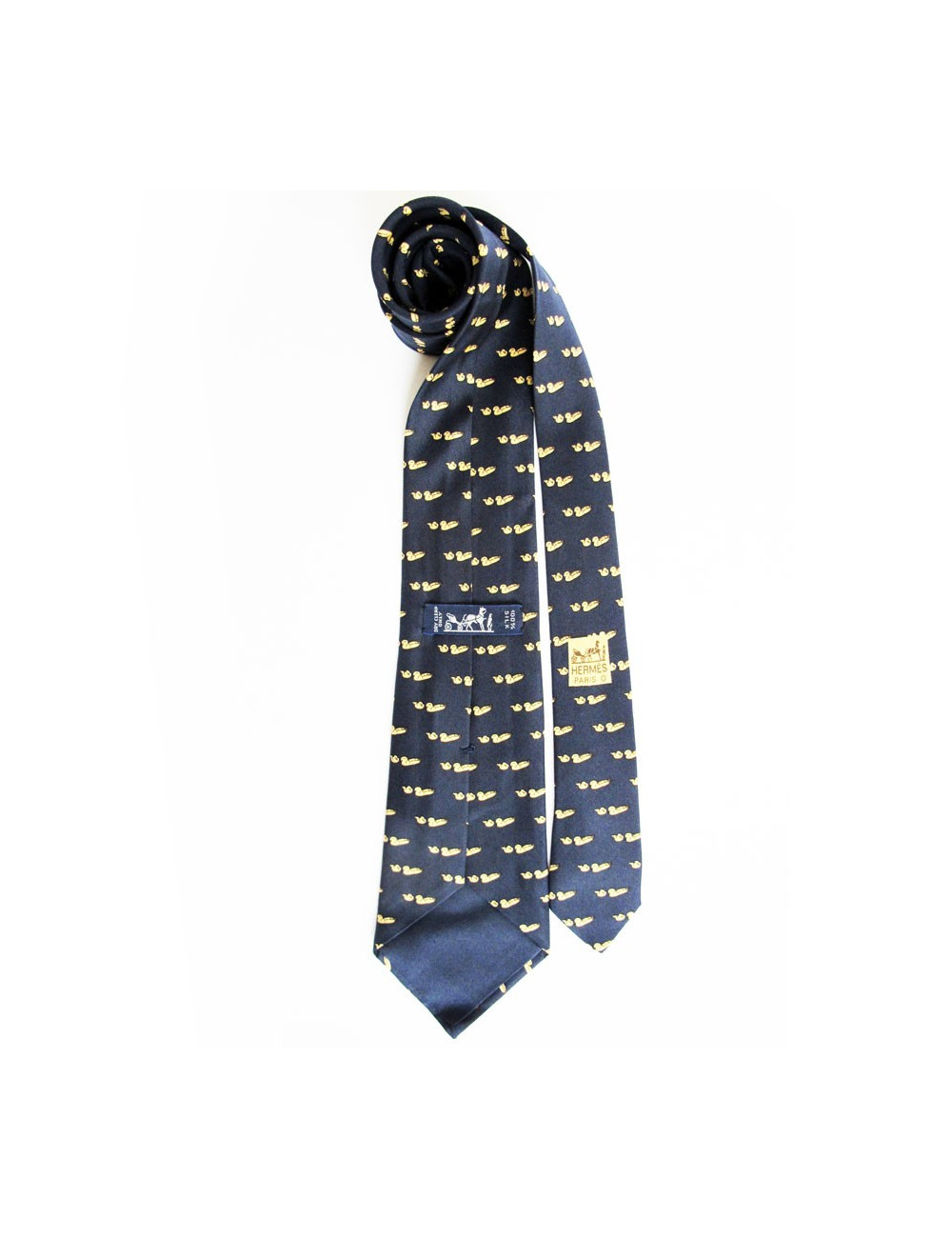 Cravate HERMES en soie bleu marine motifs canards