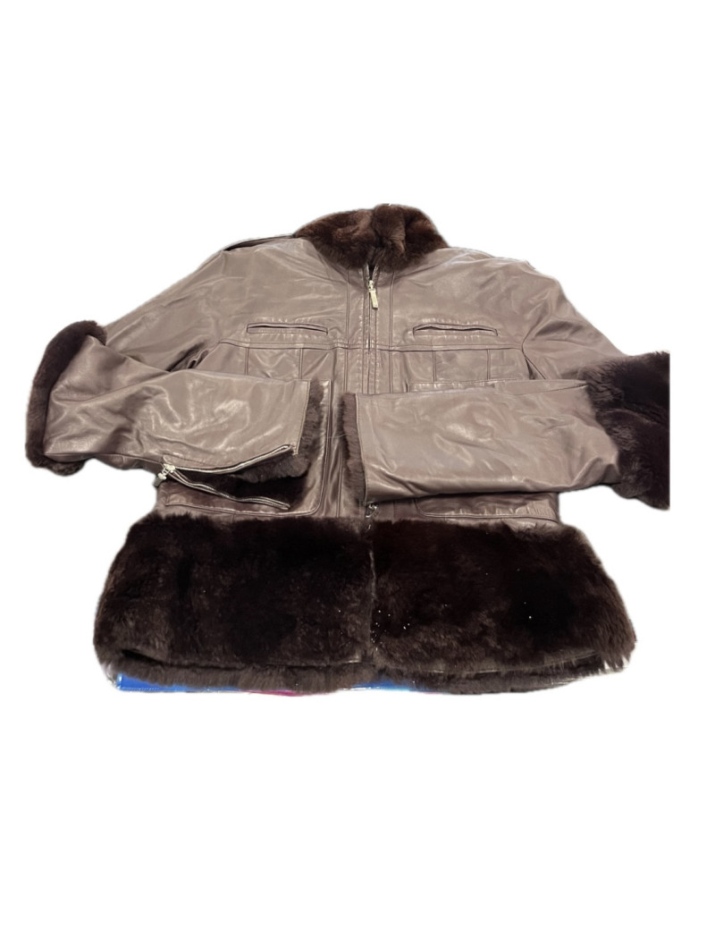 Blouson KARL LAGERFELD cuir marron et fourrure