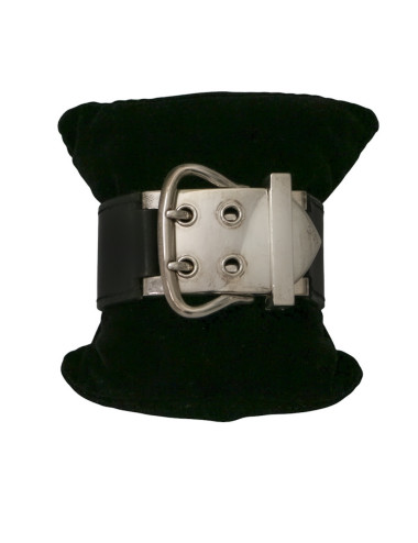 Bracelet manchette HERMES boucle sellier argent cuir noir 2